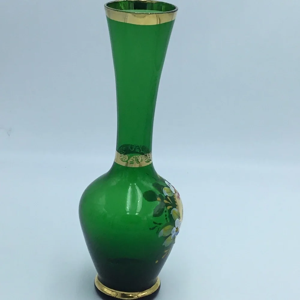 Green Art Glass Floral and Gold Trim Vase